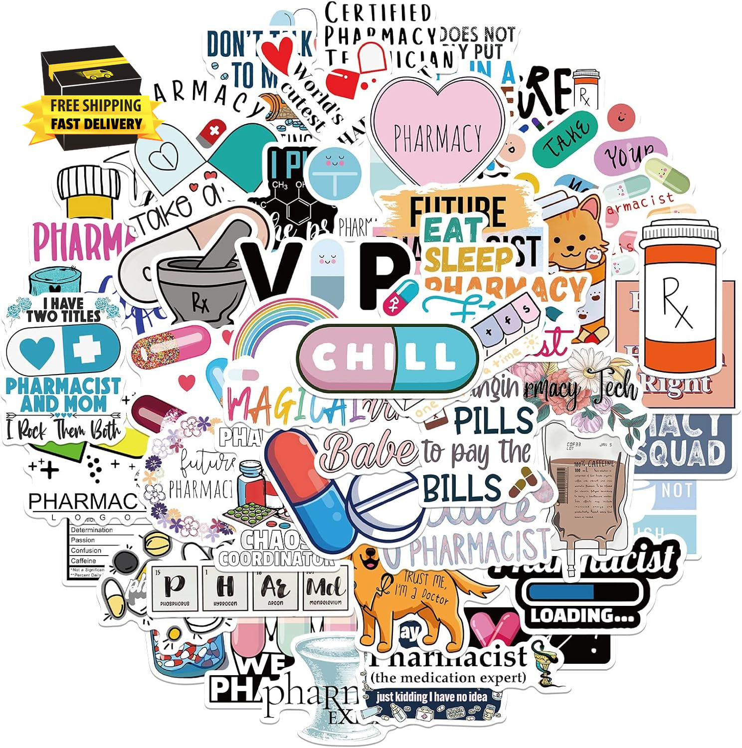 Cute Pharmacist Stickers Pack 50Pcs,Waterproof Vinyl Decals for Water Bottles La