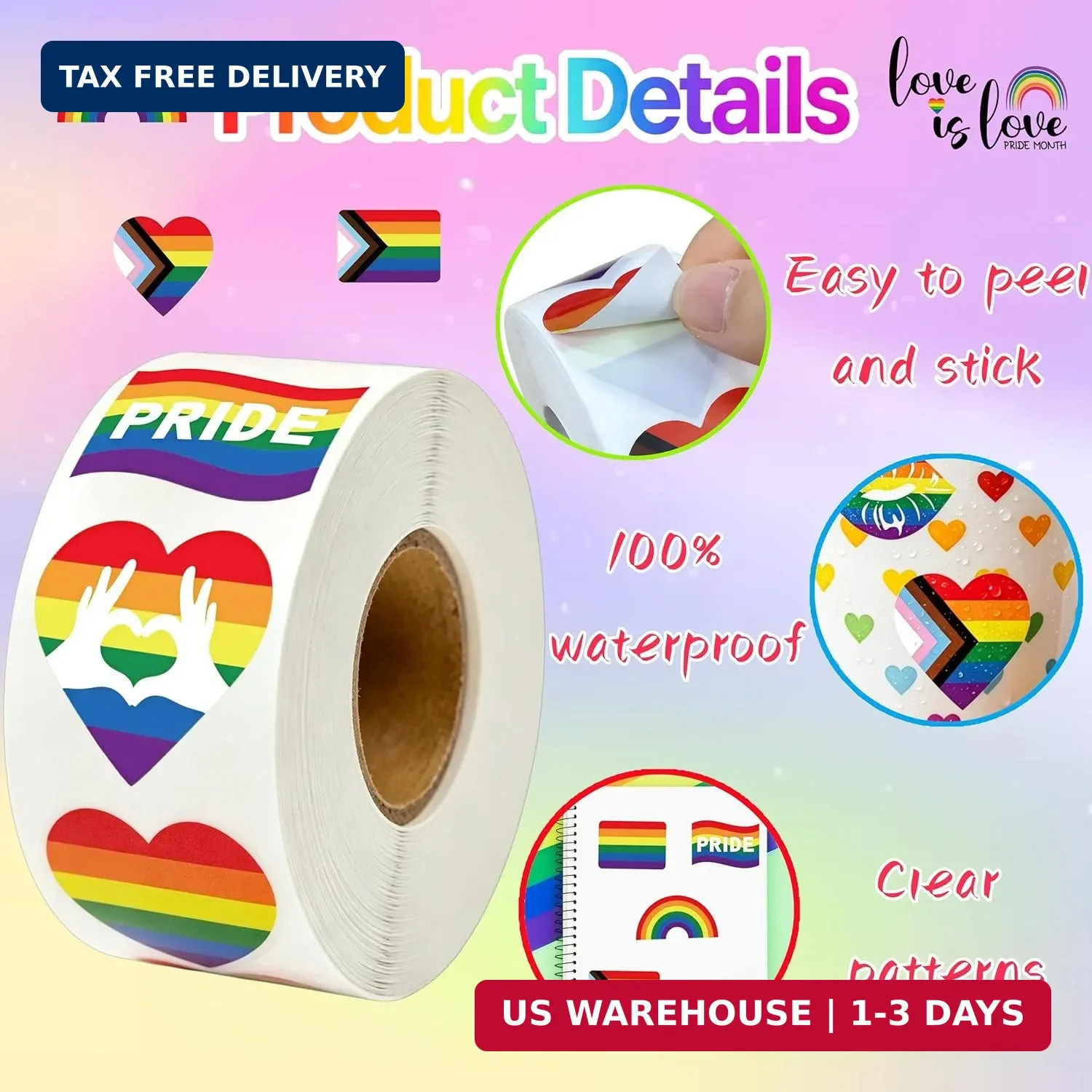 1000 Pcs Gay Pride Stickers, Progress Pride Rainbow Heart Stickers for Gay Lesbi