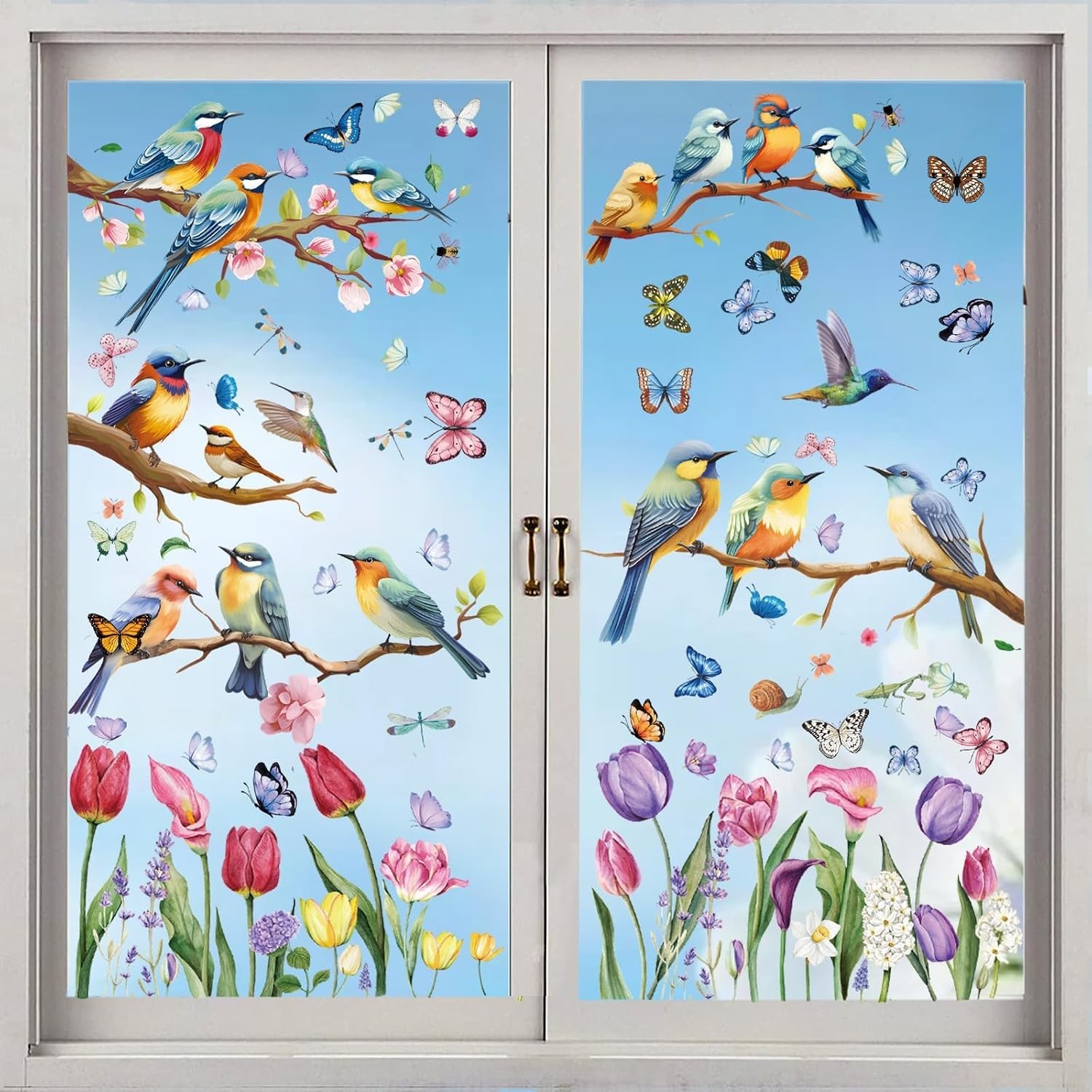 Spring Window Cling Sticker – 78PCS Tulip Butterfly Flower Hummingbirds Windo…