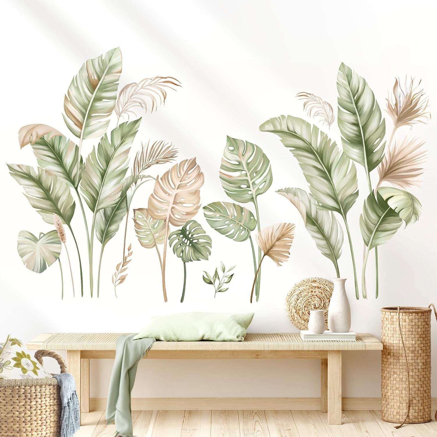 Boho Palm Leaves Wall Stickers Tropical Green Plants Peel and Stick Wall Art