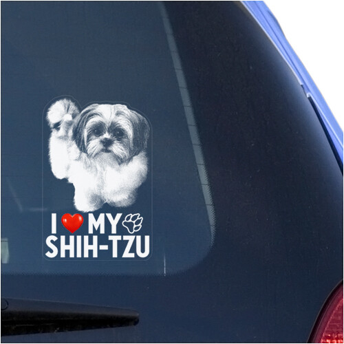 I LOVE MY SHIH TZU CLEAR VINYL DECAL STICKER FOR CAR OR TRUCK WINDOW, DOG ART
