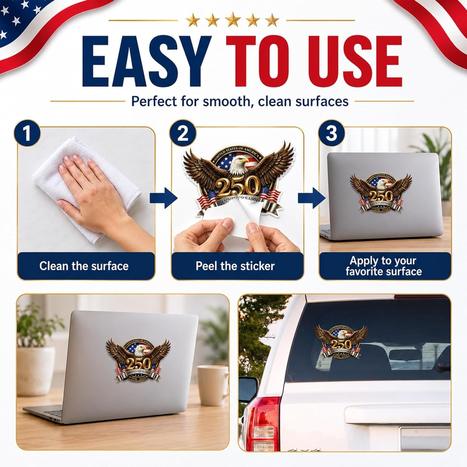 Bold Patriotic 250th Anniversary Car Stickers – Easy Application & Versatile Use