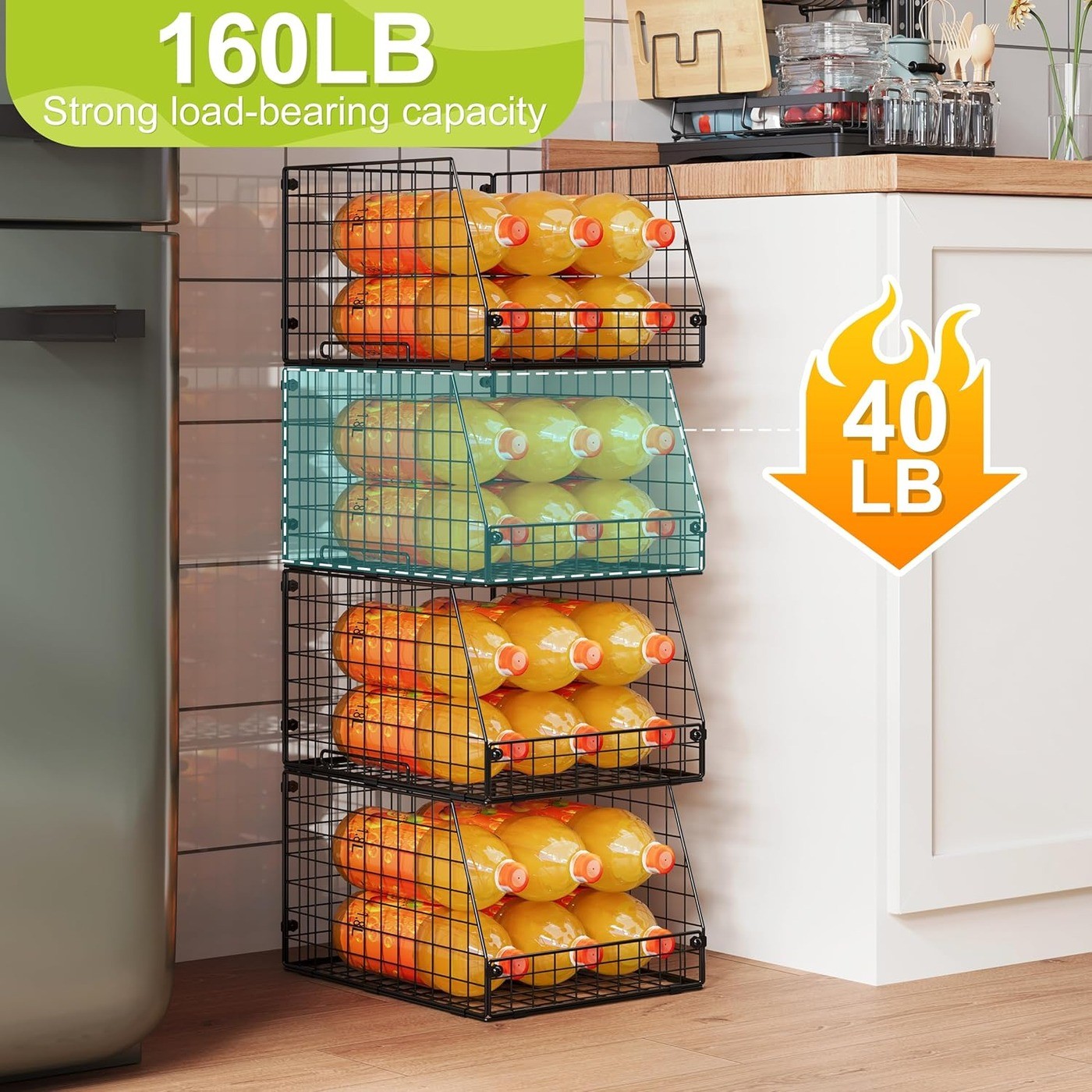 4 Pack XXL Stackable Wire Storage Basket Black Pantry Organizer