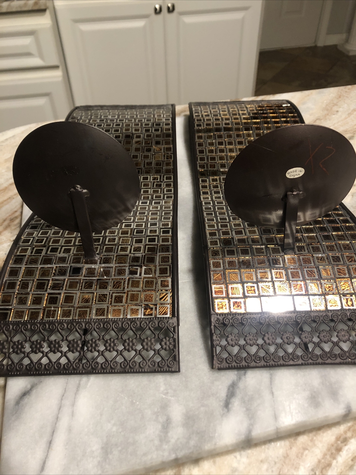 STUNNING PAIR OF MOSAIC GLASS STYLE BRONZE WALL SCONCES-NEW