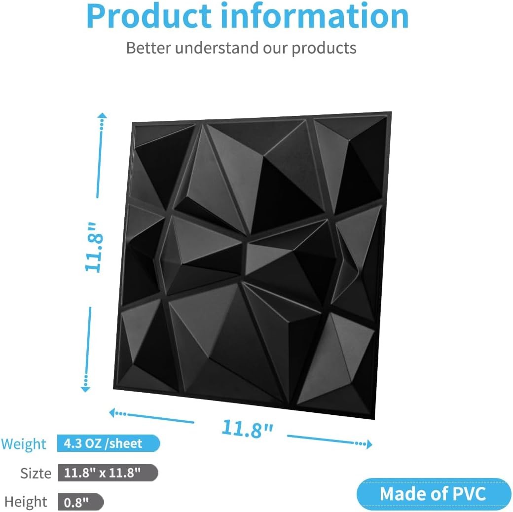 Decorative 3D Wall Panels in Diamond Design, 12"X12" Matt Black for Home and Off