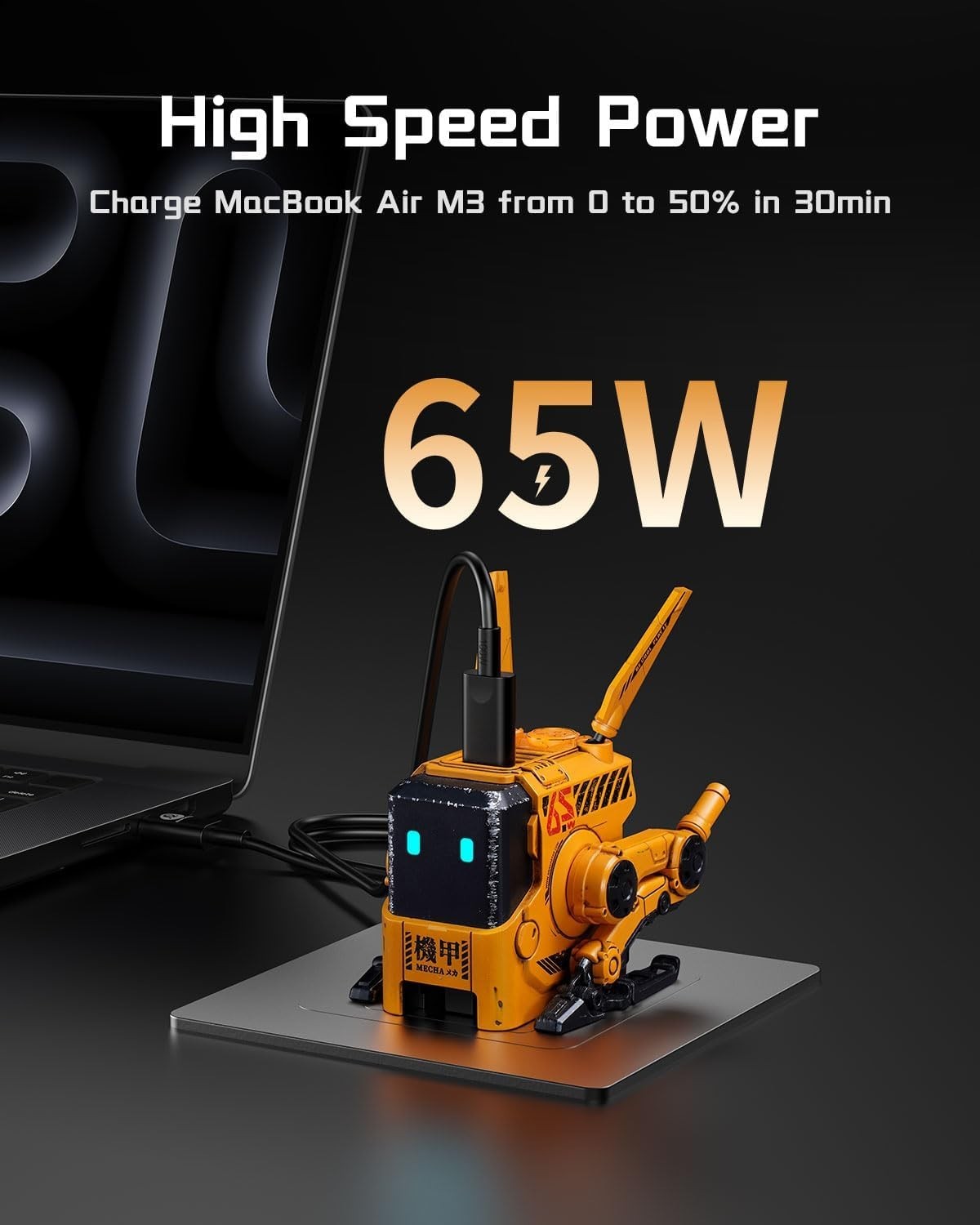 65W Charger, Alpha65 Robot Fast GaN Charger Block, 3-Port Fast Power Adapter, Fo