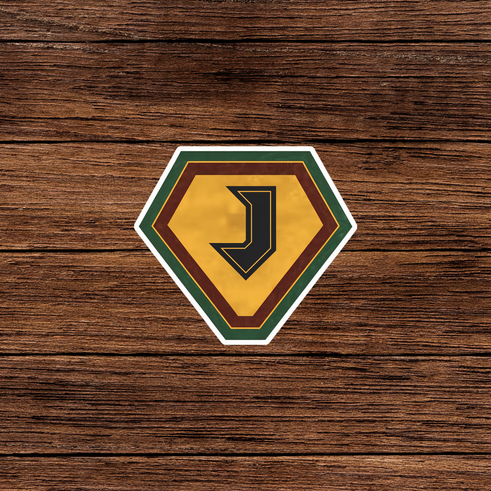 Superhero Emblem Sticker – Bold Letter J Shield in Green, Gold & Brown #2679