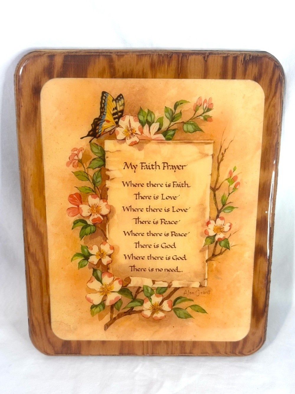 Vintage Wooden Wall Plaque “My Faith Prayer” Floral Butterfly Decor 9.5×11.5