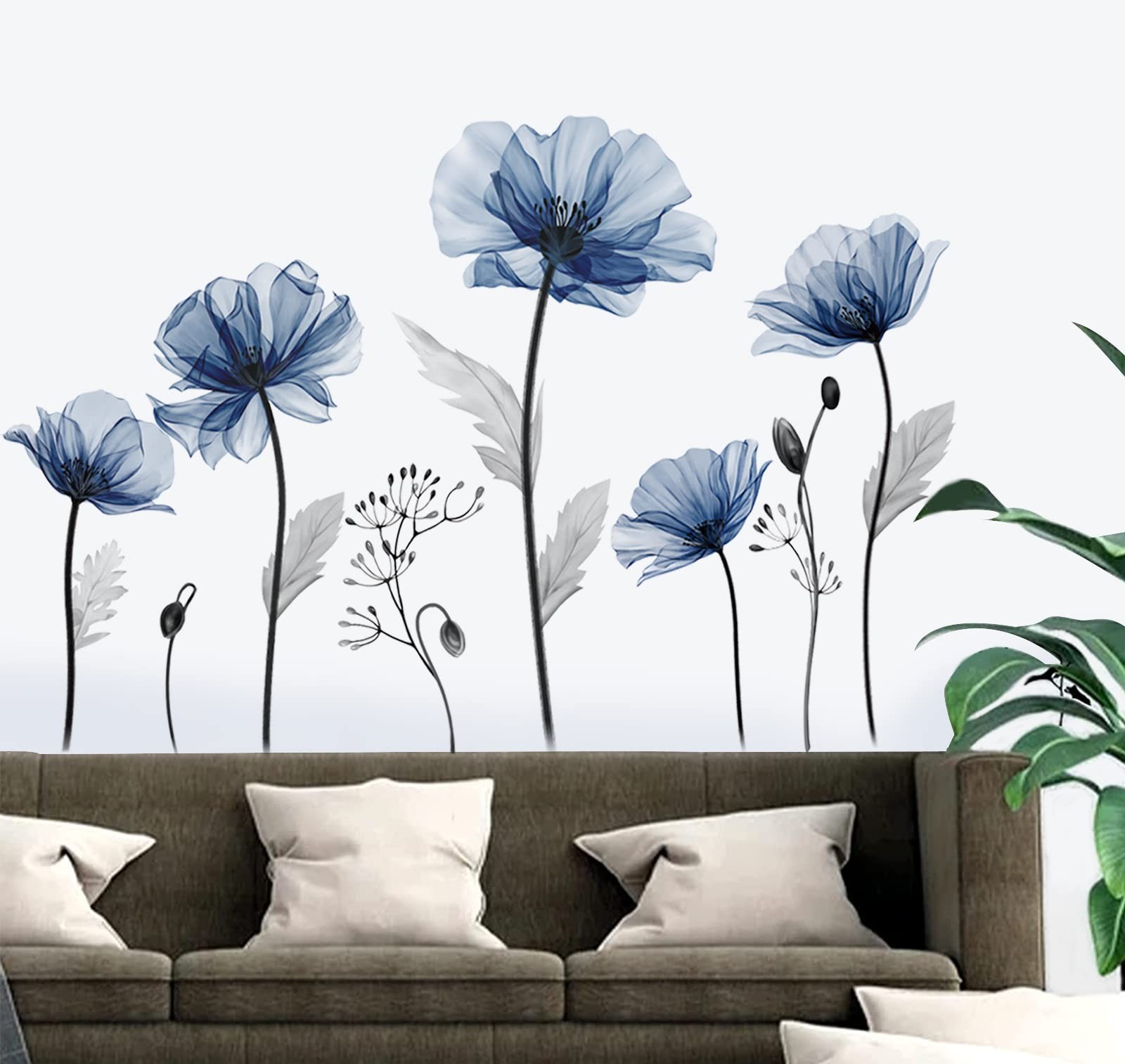 decalmile Large Blue Flower Wall Decals Floral Plants Multi Color