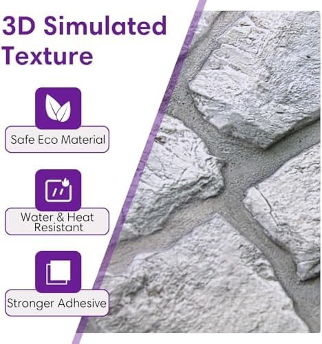3D Faux Stone Wall Panels Peel and Stick Whitewash, 10 Pcs 11.8" x 11.8", Sto…