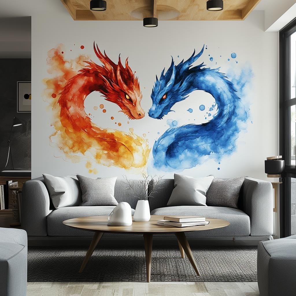 Watercolor Dragon Wall Decal | Fire Water Design