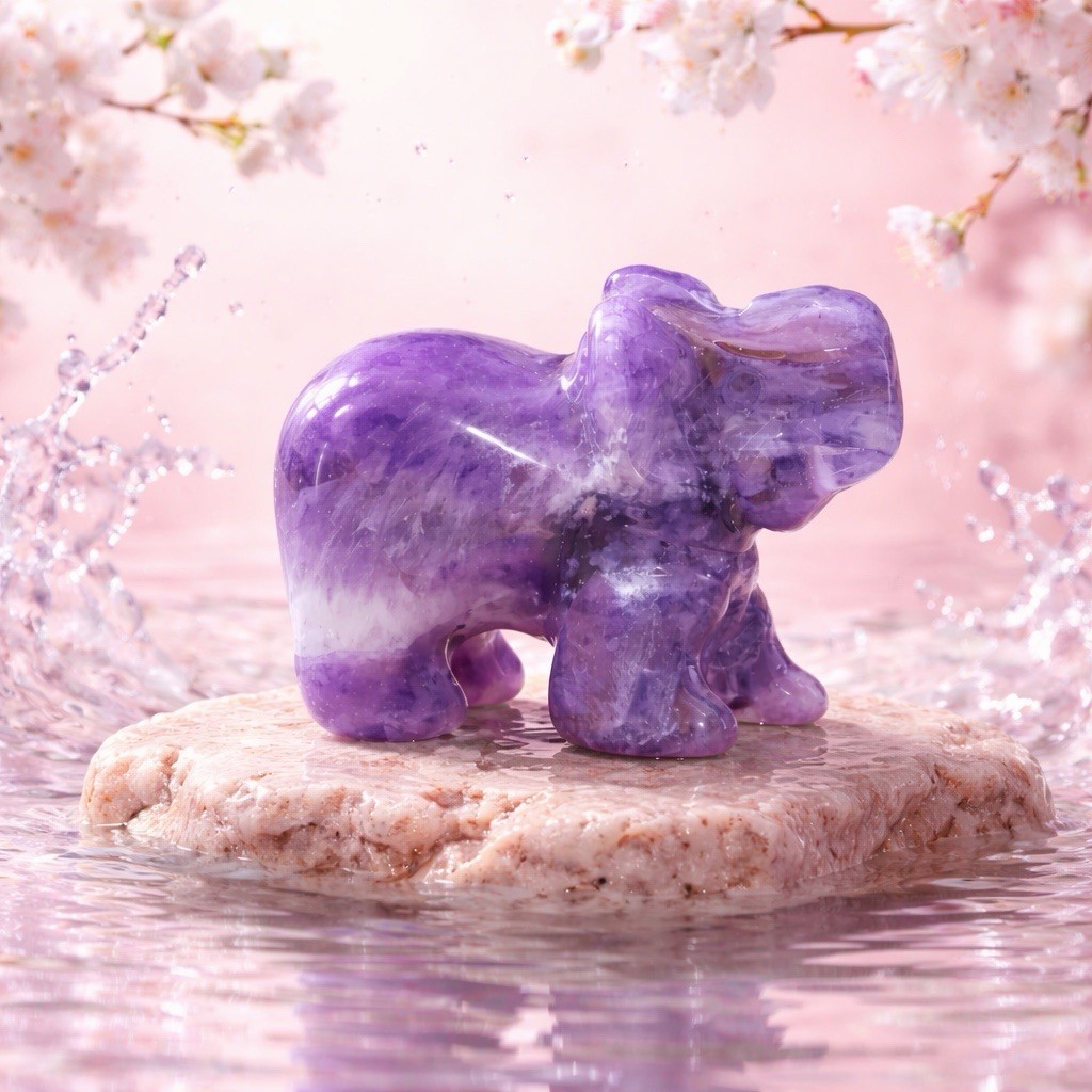 Hand-Carved Amethyst Elephant Figurine – Natural Purple Stone