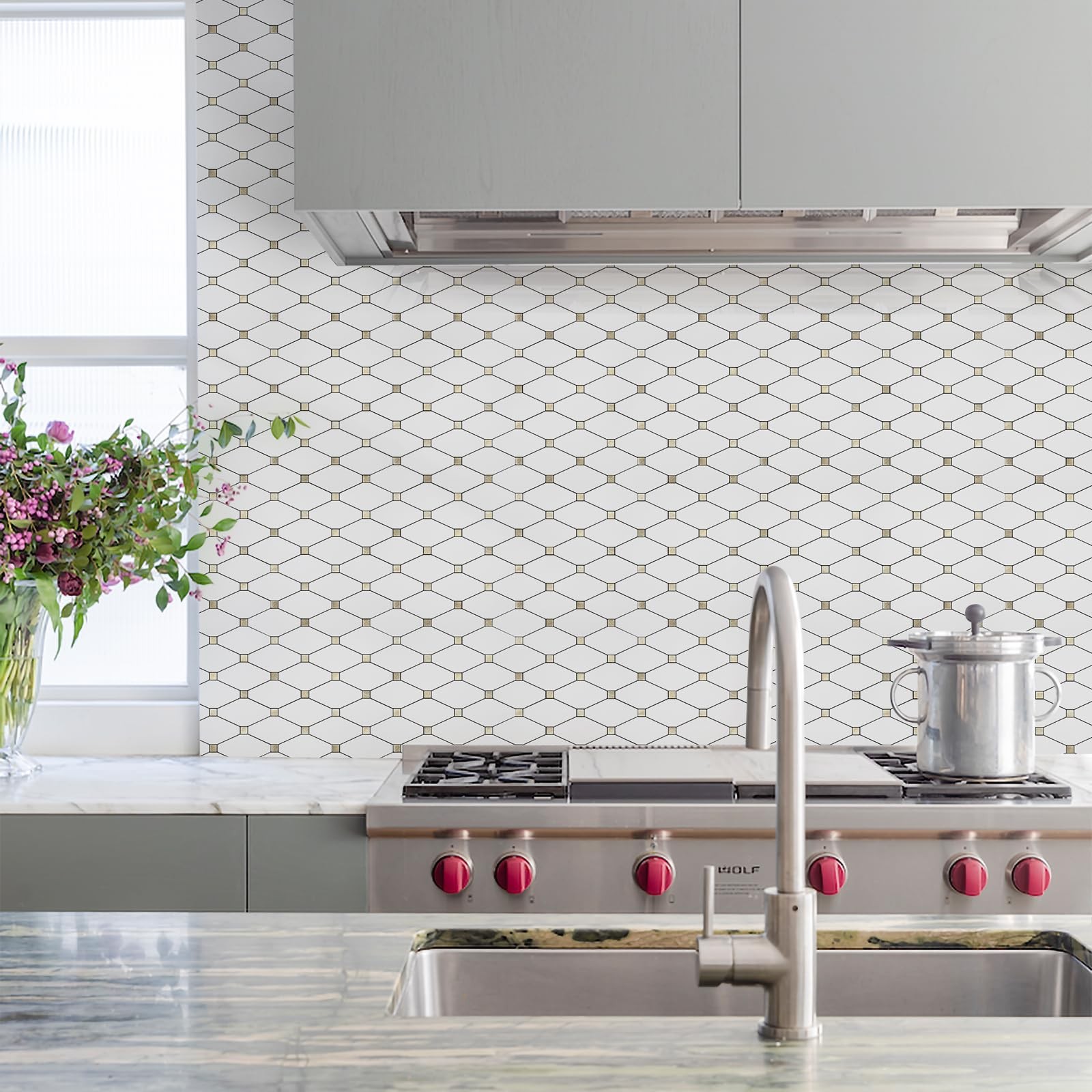 10 Sheets Peel and Stick Backsplash, Pure White Marble Look PVC Mixed Metal G…