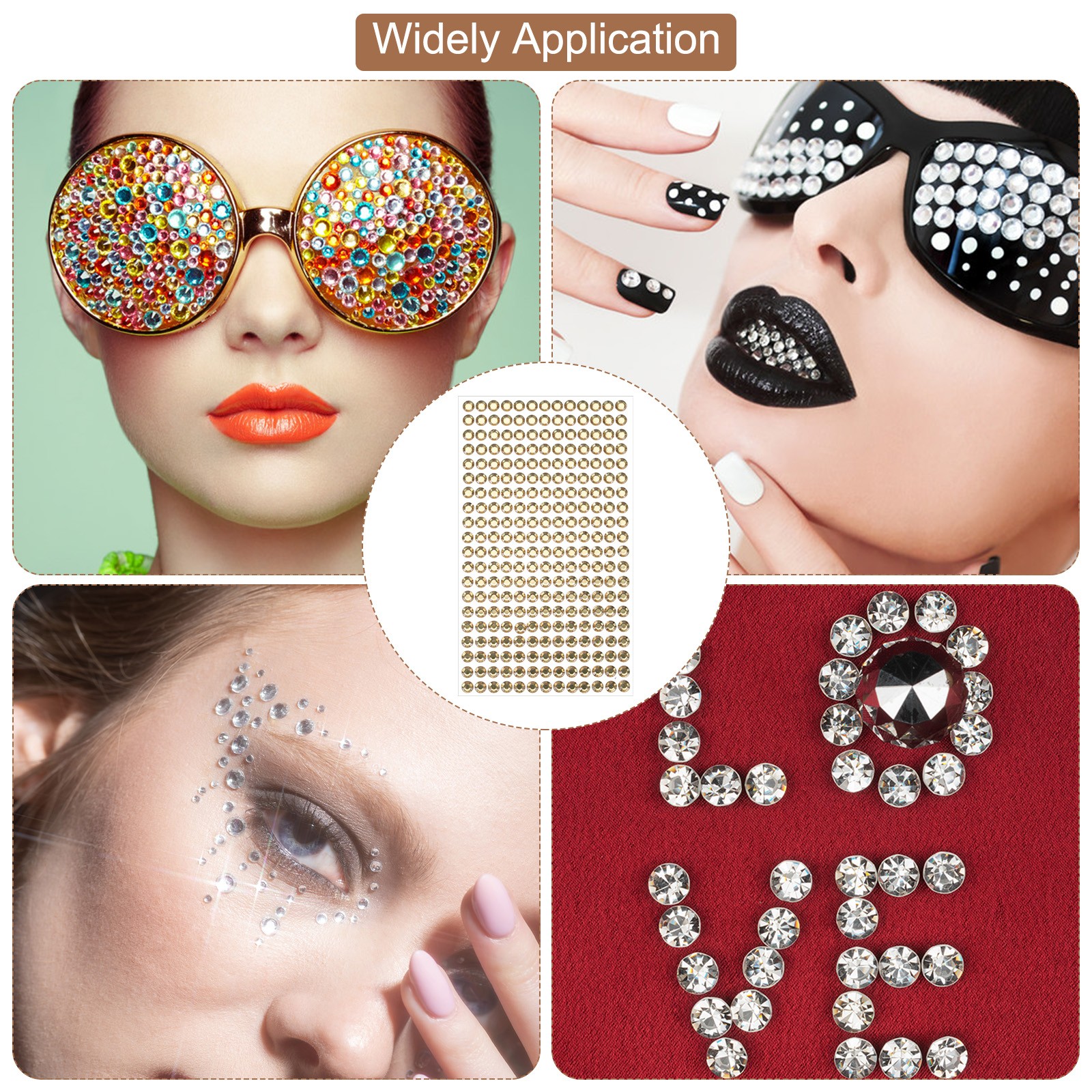 1394Pcs 4mm/6mm Self-Adhesive Rhinestone Stickers 4 Sheet Light Orange