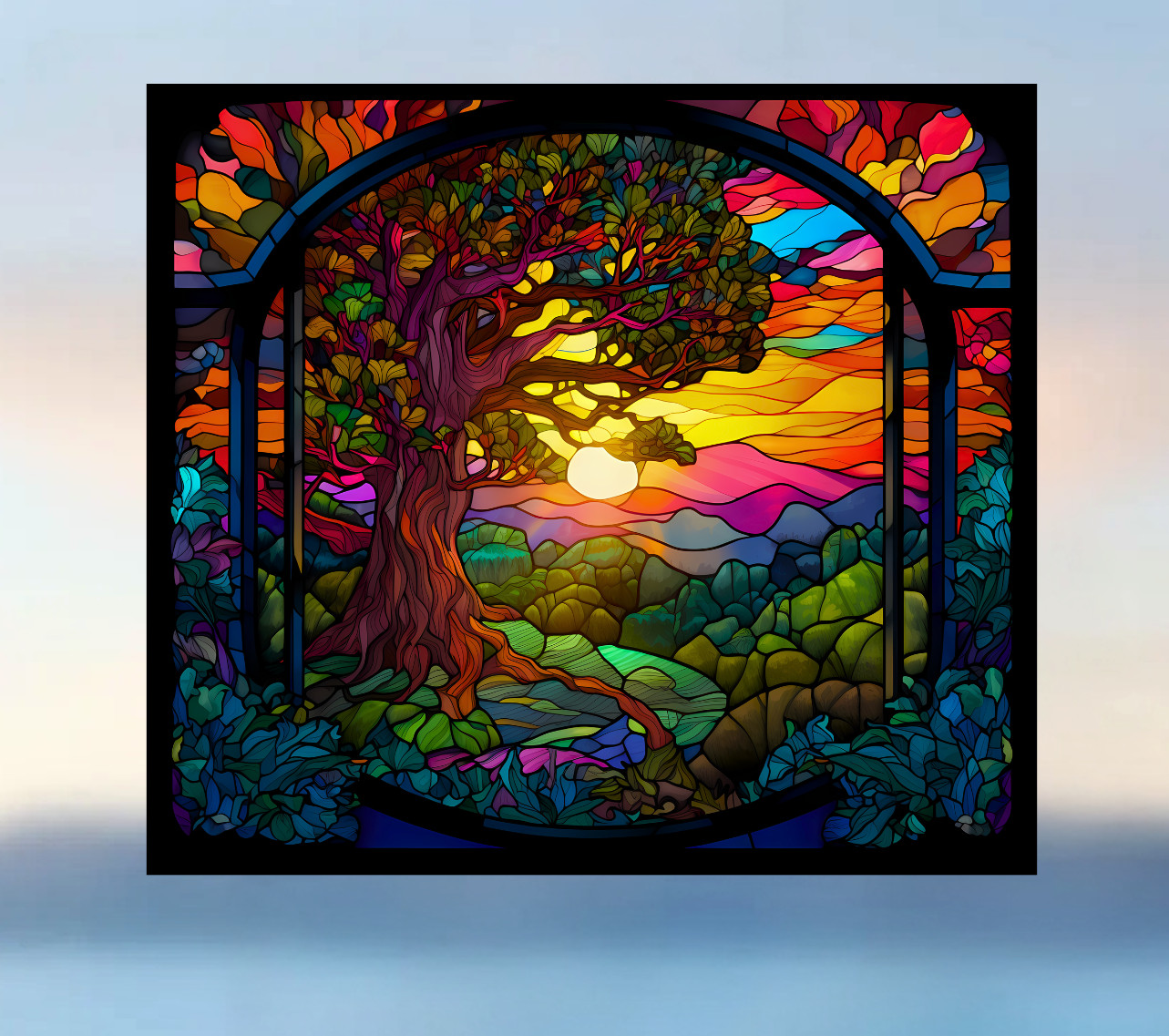 Tree at Sunset Faux Stained-Glass WINDOW CLING Size 9" Repositionable Vinyl
