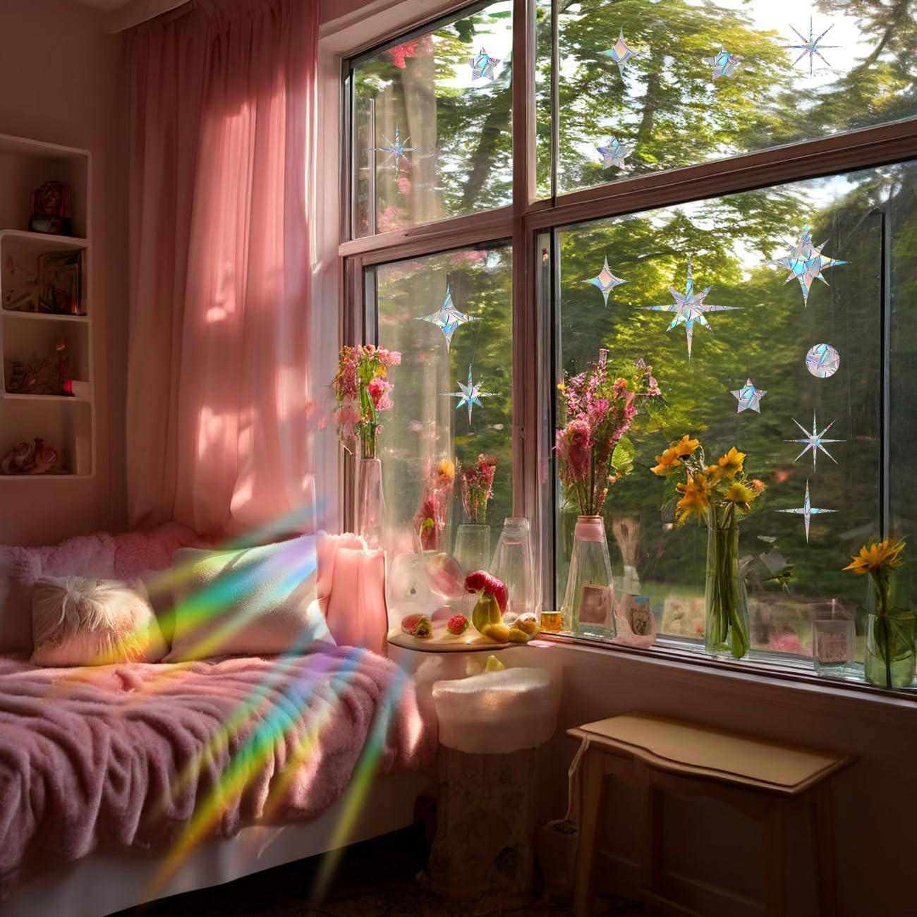 51-Piece Star Window Decals – Rainbow Suncatcher Anti-Collision Clings