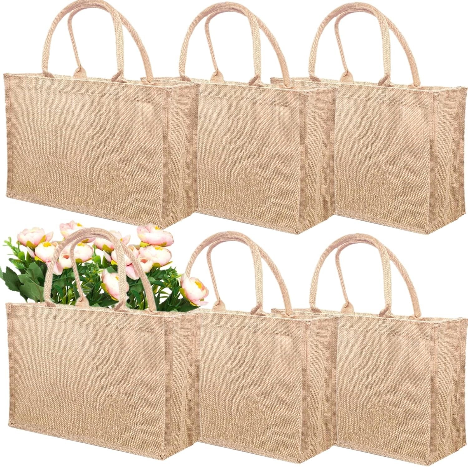 6 Pack Jute Tote Bag Reusable, Burlap Beach Bags with Sturdy Rounded Handles,…