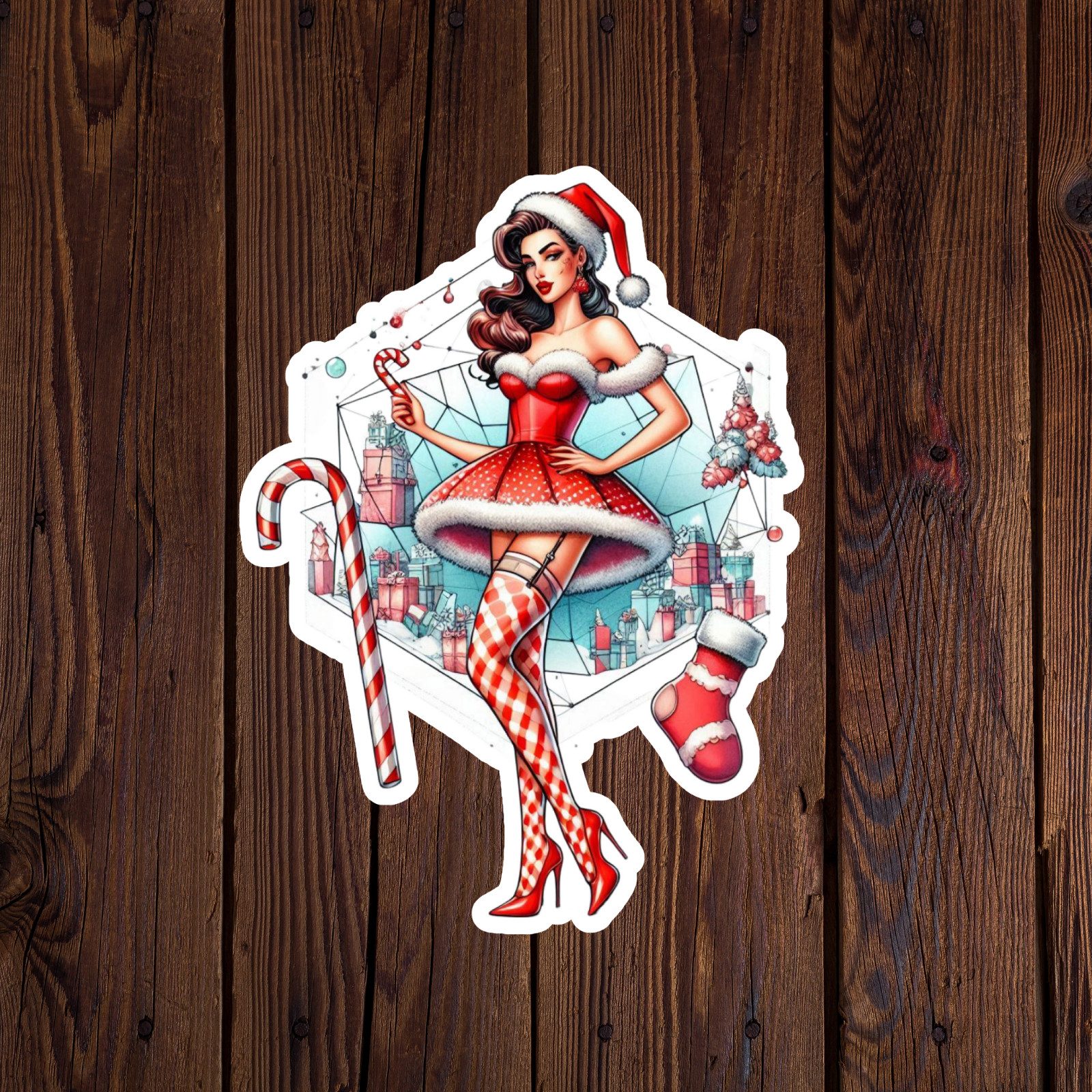 Pinup girl sticker vinyl decal sexy christmas dress high heels red lips