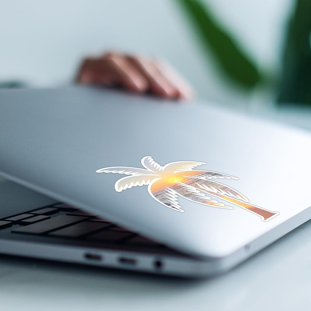 Tropical Palm Tree Beach Sunset Bumper Sticker 5 H" x 4.35 W" MacBook Car Decal