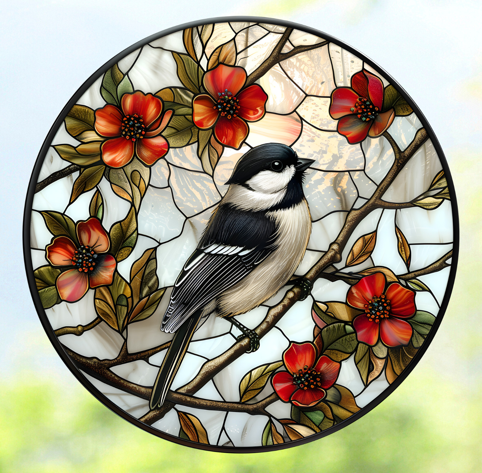 Chickadee Bird on Branch WINDOW CLING Size 8" Round Repositionable Vinyl