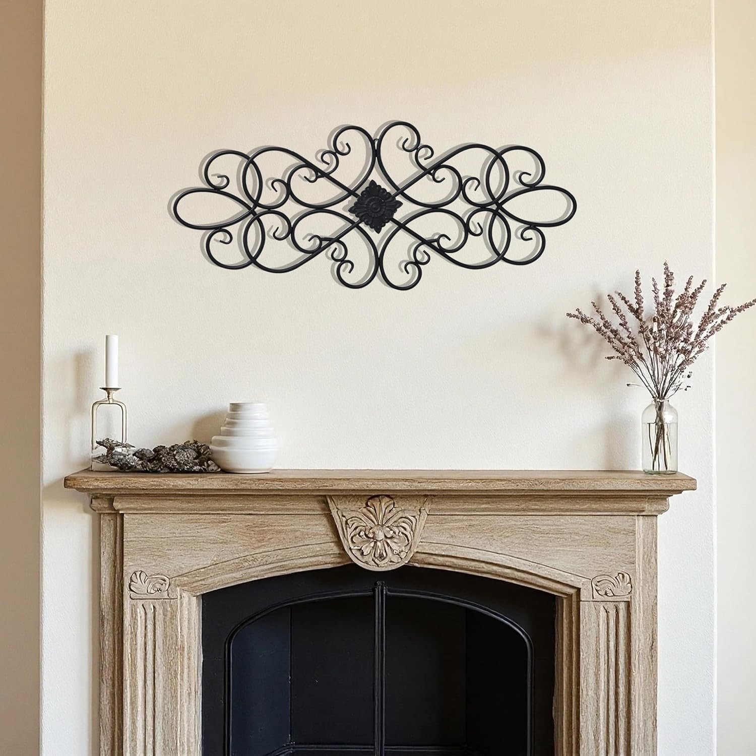 Farmhouse Black Wrought Iron Wall Art 32" – Distressed Scroll Metal Decor Plaque