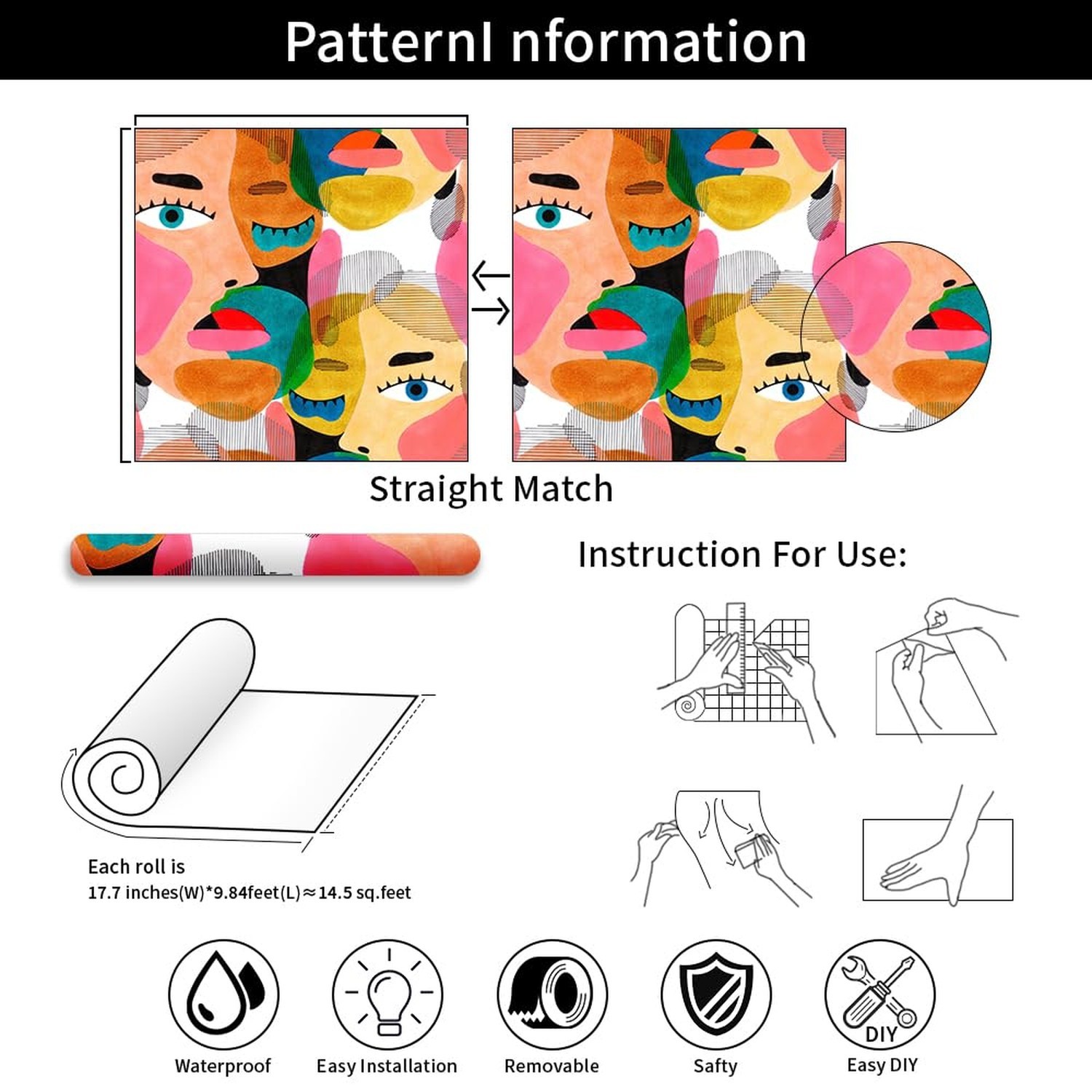 Modern Art Peel & Stick Wallpaper – Abstract Colorful Human Face Pattern Cont…