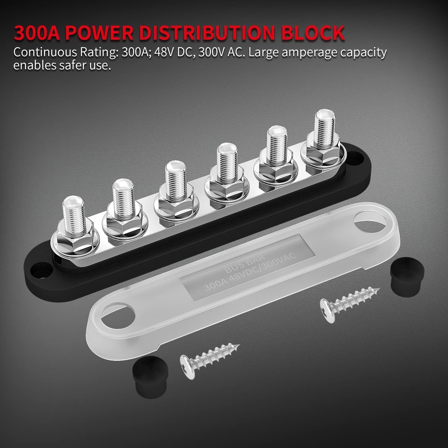 300A Bus Bar 12V Marine 12V Power Distribution Block with Cover 6 x 3/8" (M10) T