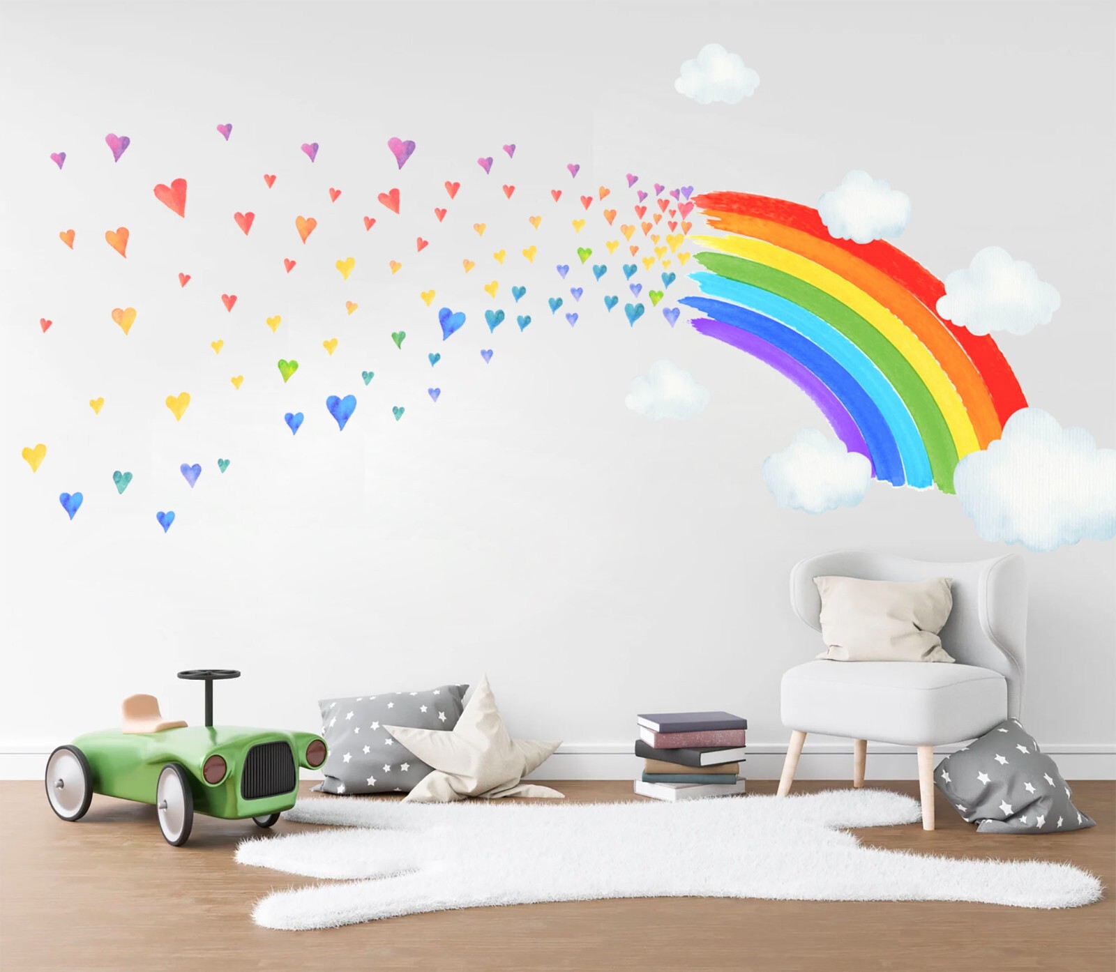 Watercolor Rainbow Colorful Hearts Removable Wall Fabric Decal Set Sticker