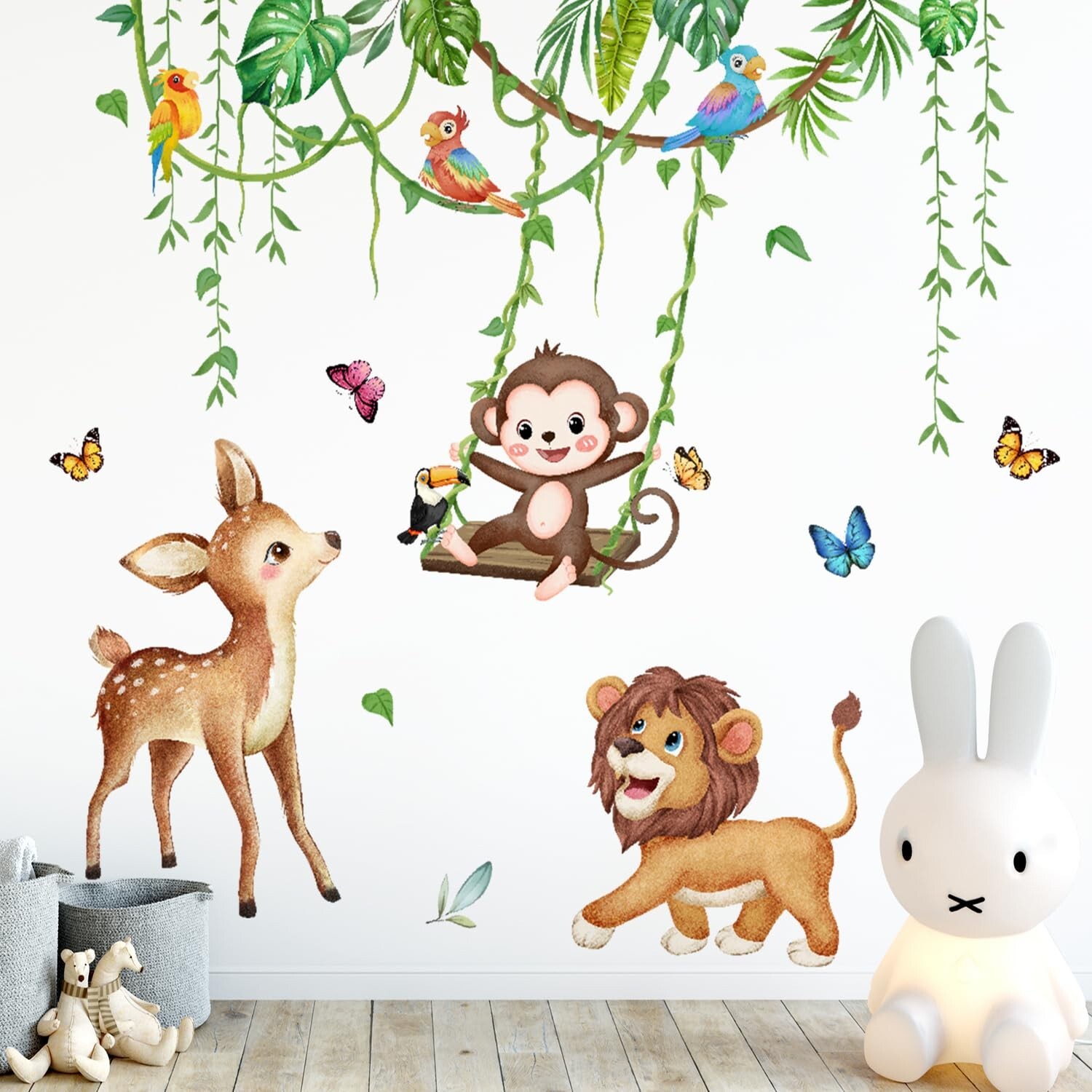 Safari Animals Wall Decals Tropical Leaves Wall Stickers Green Hanging Vines …
