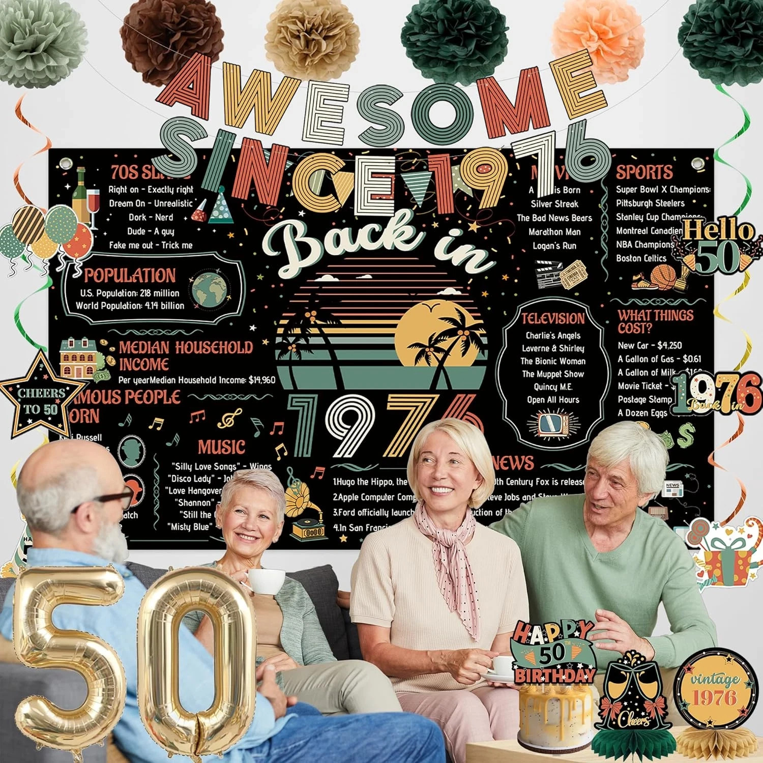 50Th Birthday Decorations Men Women, Colorful Vintage Back in 1976 Poster Cheers