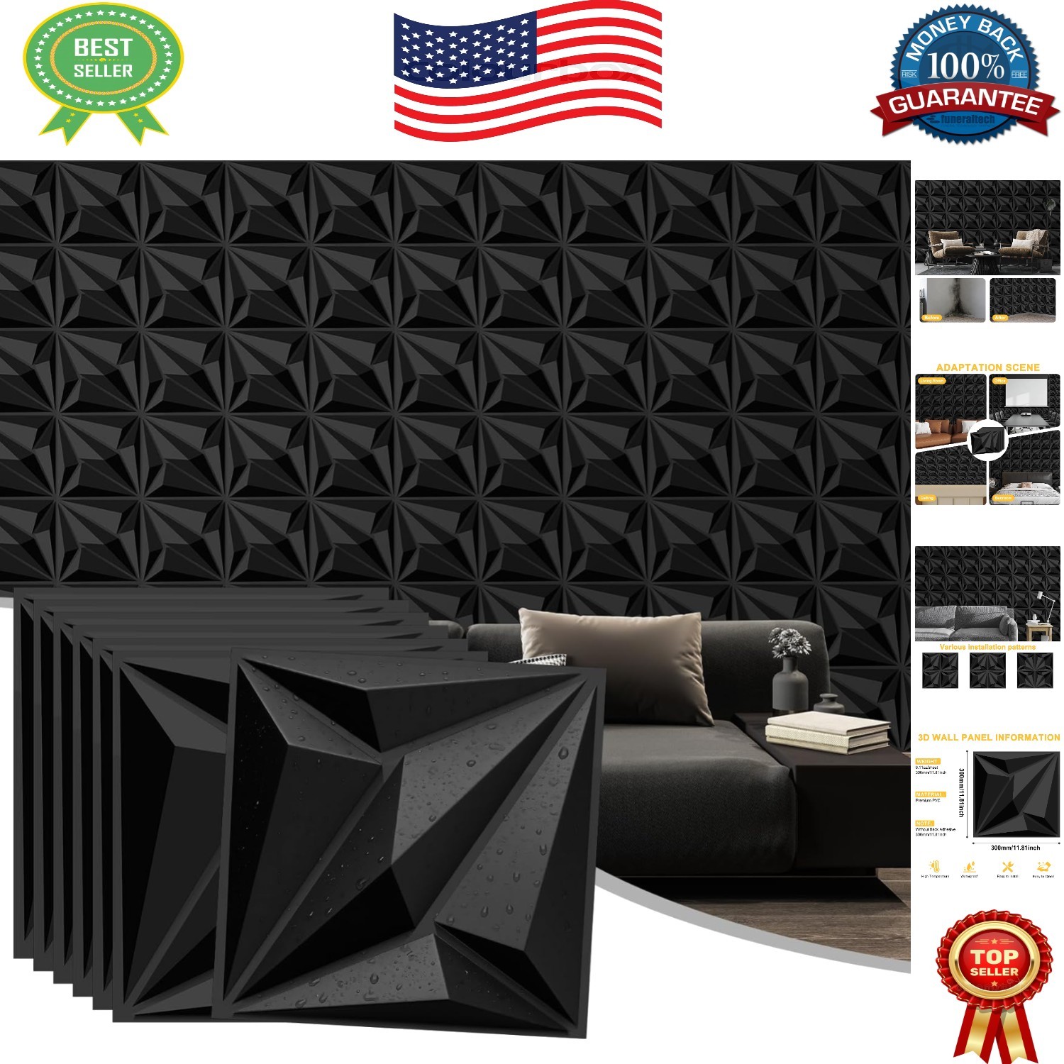 Waterproof 3D Black Wall Panels Set – Lightweight Matte Tiles for Modern Decor