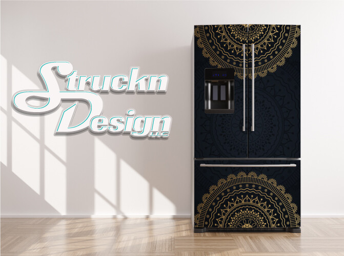 Mandala Gold Dark Navy Art Deco Fridge Freezer Wrap Side Door Vinyl Decal