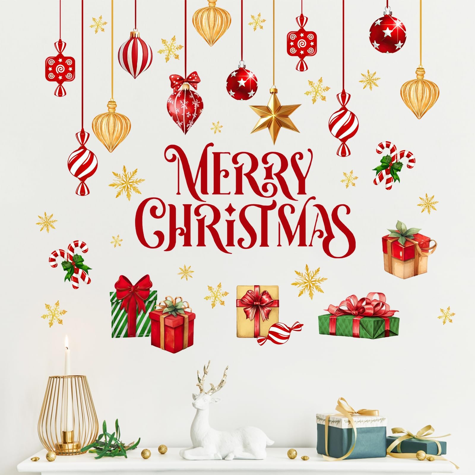 Merry Christmas Balls Wall Decals Stickers, Xmas Gifts Gold Snowflake Decorat…