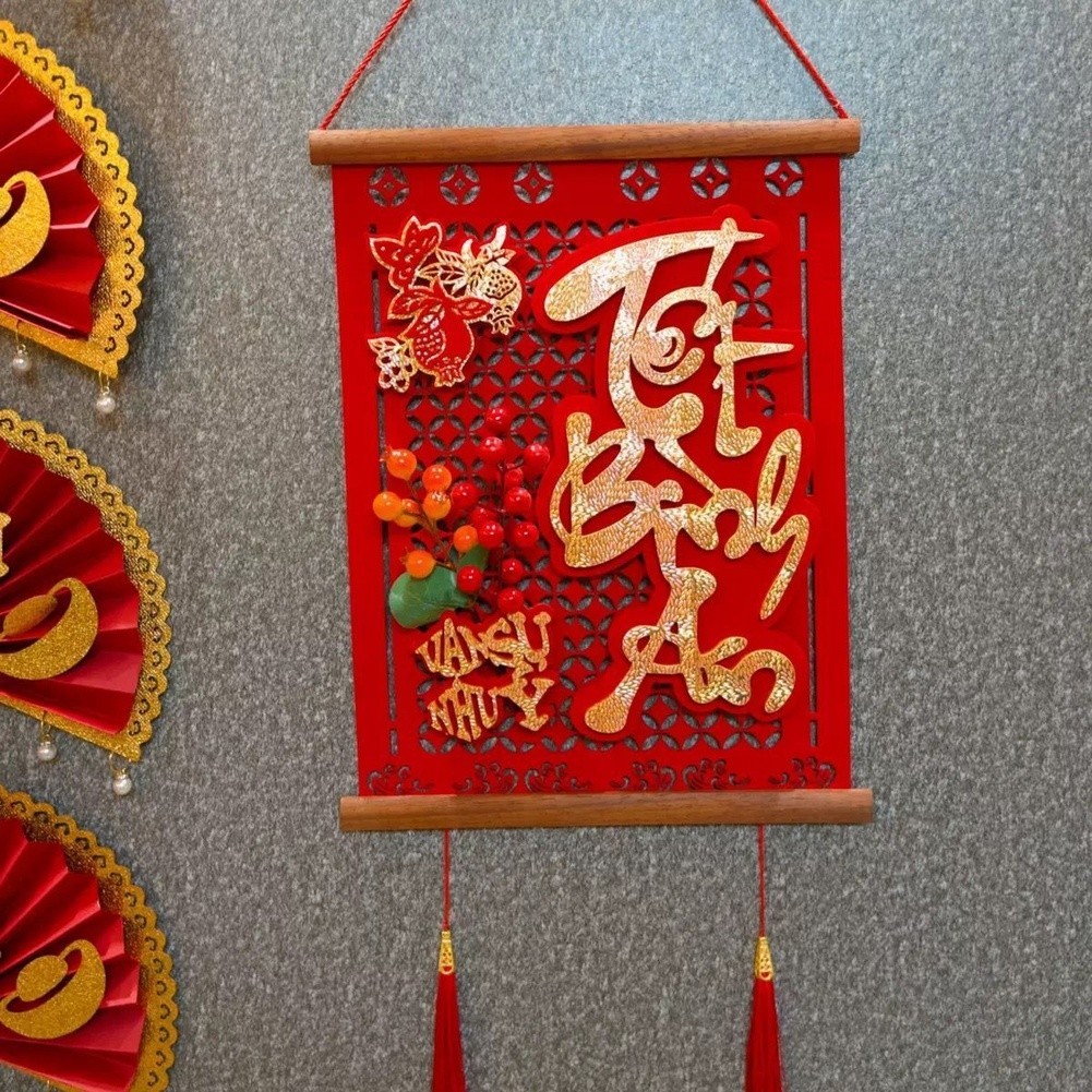 Vietnamese New Year Couplets Solid Wood Handmade Traditional Red Festival Decor