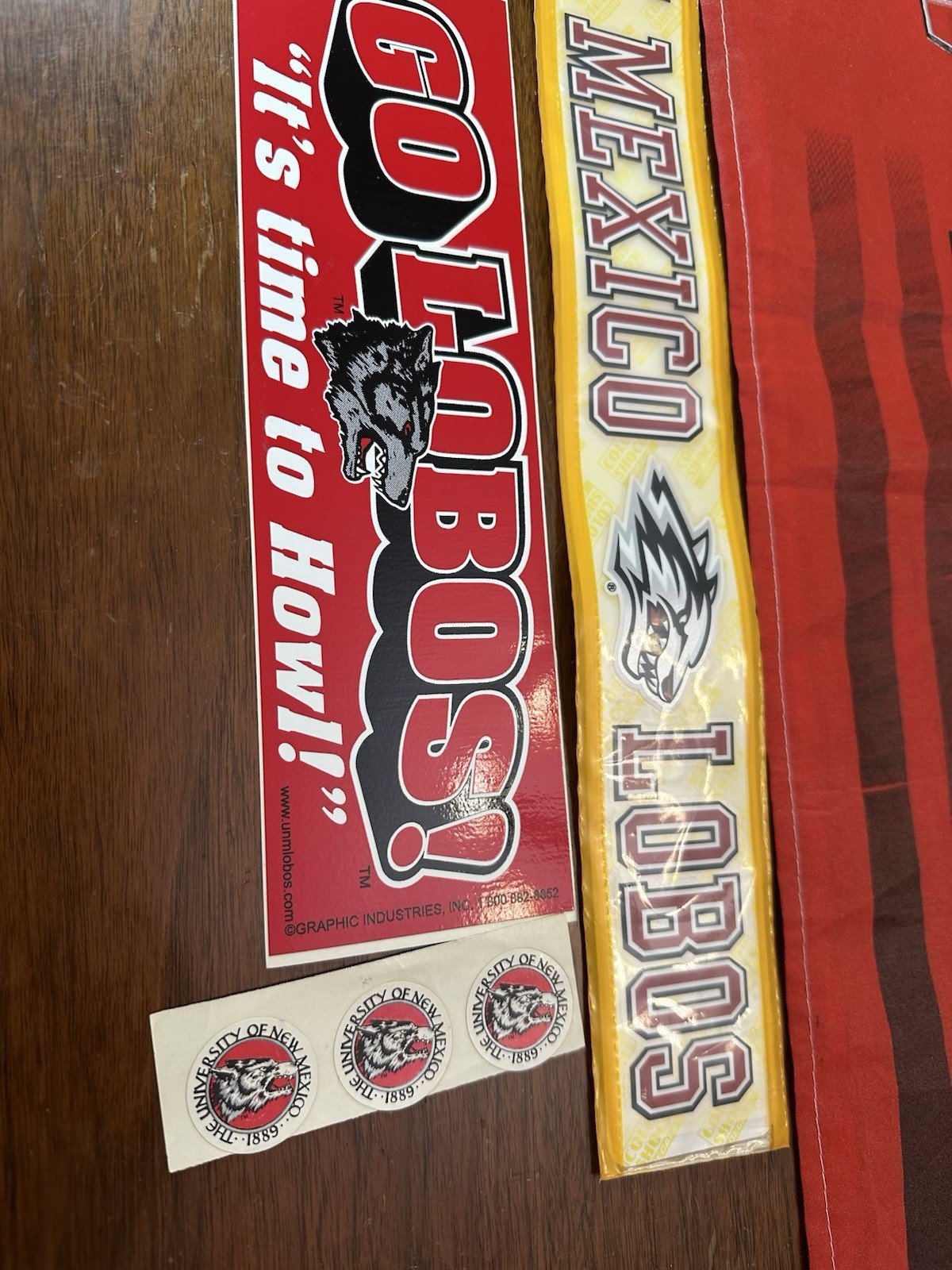 New Mexico Lobos NCAA Stickers & Used Banner Lot- Please Read See Photos! LOBOS!