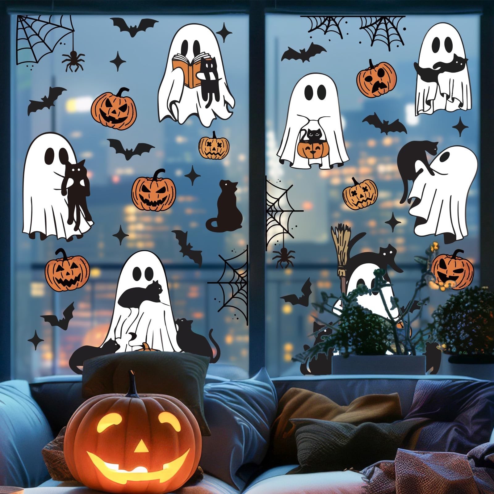 JarThenaAMCS Halloween Ghost Window 11 x 14 inch, 7 x 11.8 Black Orange