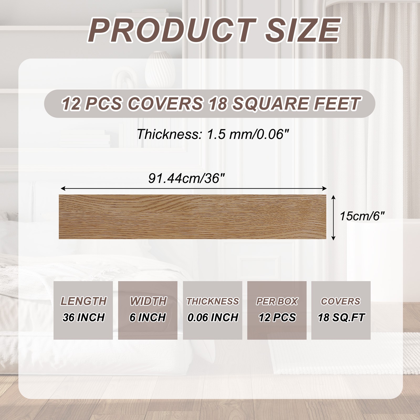 12pcs 36×6" PVC Wood Floor Adhesive Tiles, Light Grey