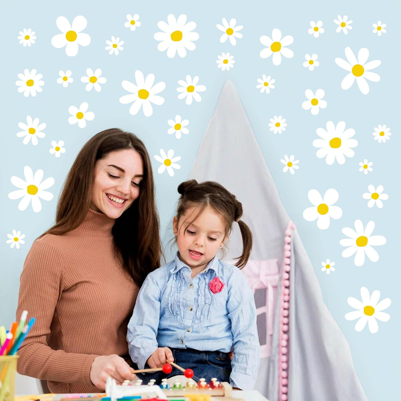 12 Sheets Daisy Wall Decals Flower Wall Stickers Girls Room Decor Peel and Stick
