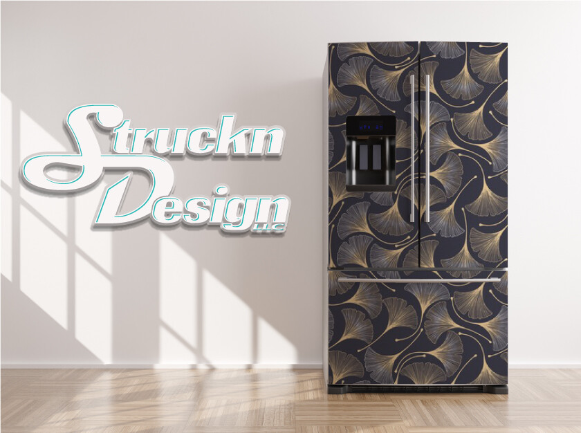 Dark Navy Gold White Gingko Leaves Fridge Freezer Wrap Side Door Vinyl Decal