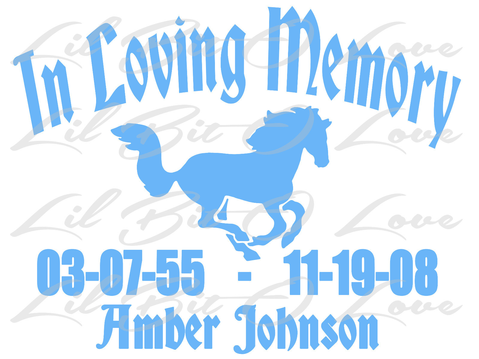 PERSONALIZED IN LOVING MEMORY VINYL DECAL WITH HORSE WITH NAMES AND DATES
