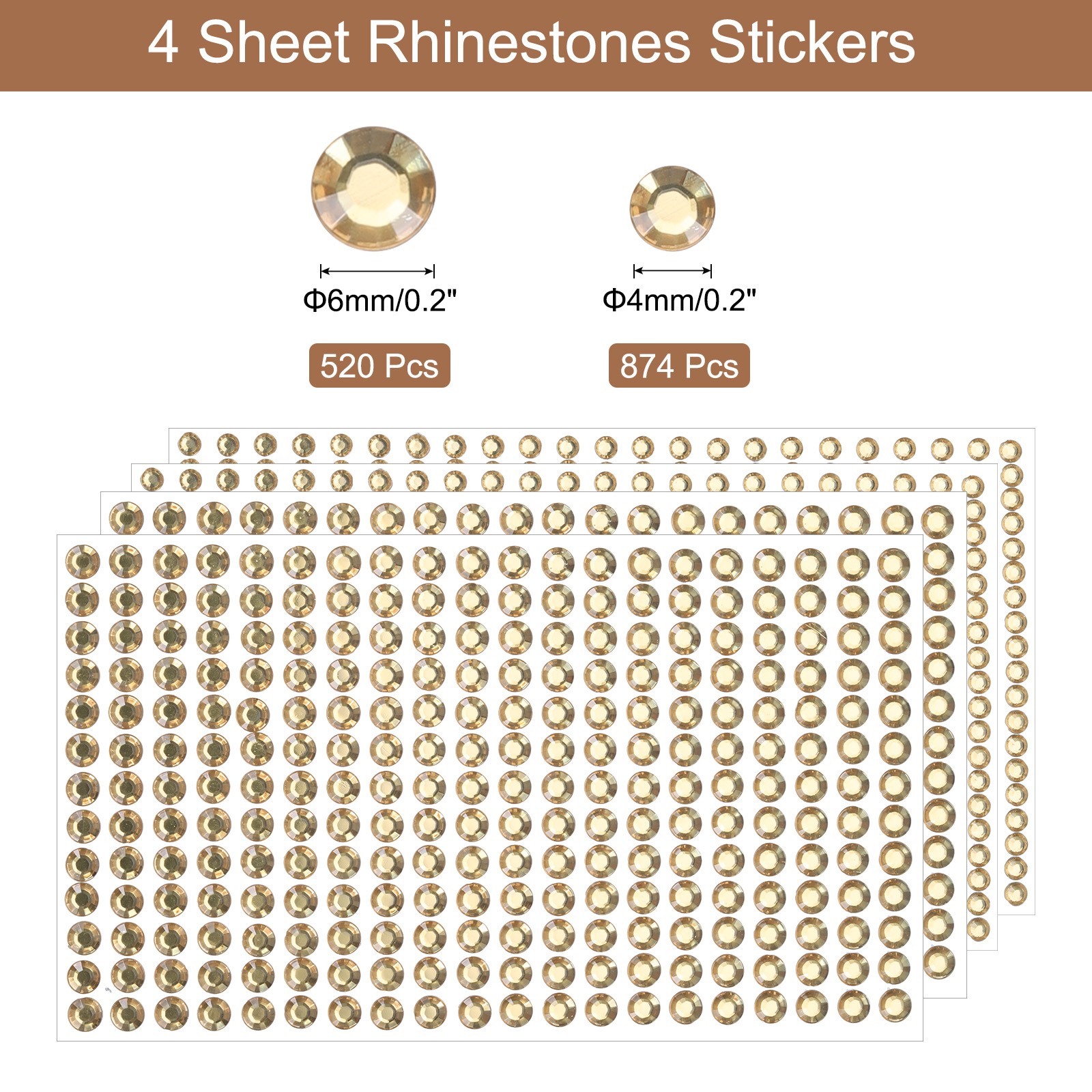 1394Pcs 4mm/6mm Self-Adhesive Rhinestone Stickers 4 Sheet Light Orange