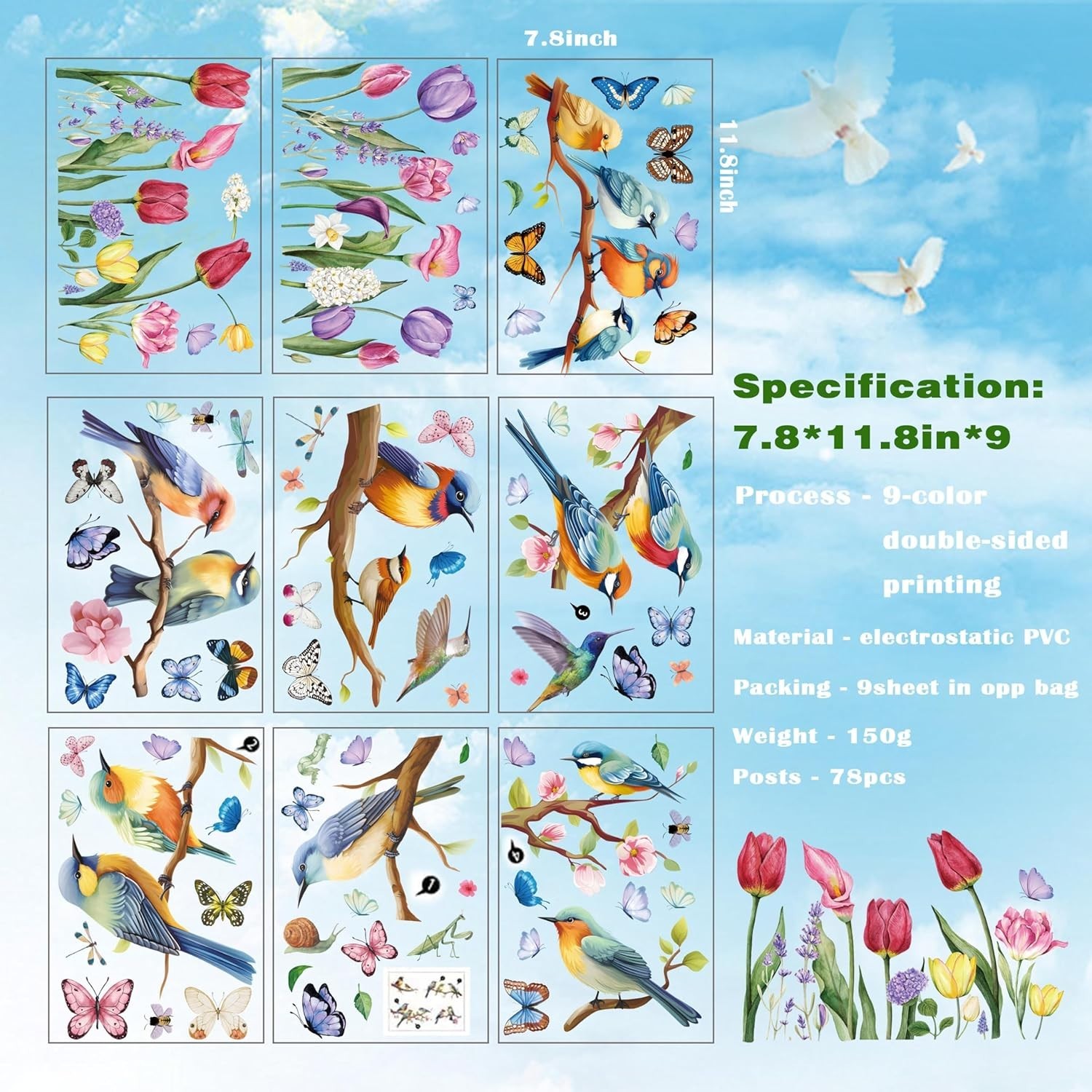 78PCS Spring Window Cling Stickers Tulip Butterfly Bird Strike Decals