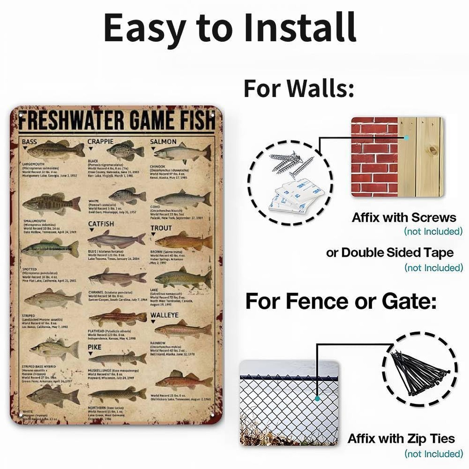 Metal Fishing Decor Wall Art – Freshwater Game Fish Sign, Vintage Fishing Hun…