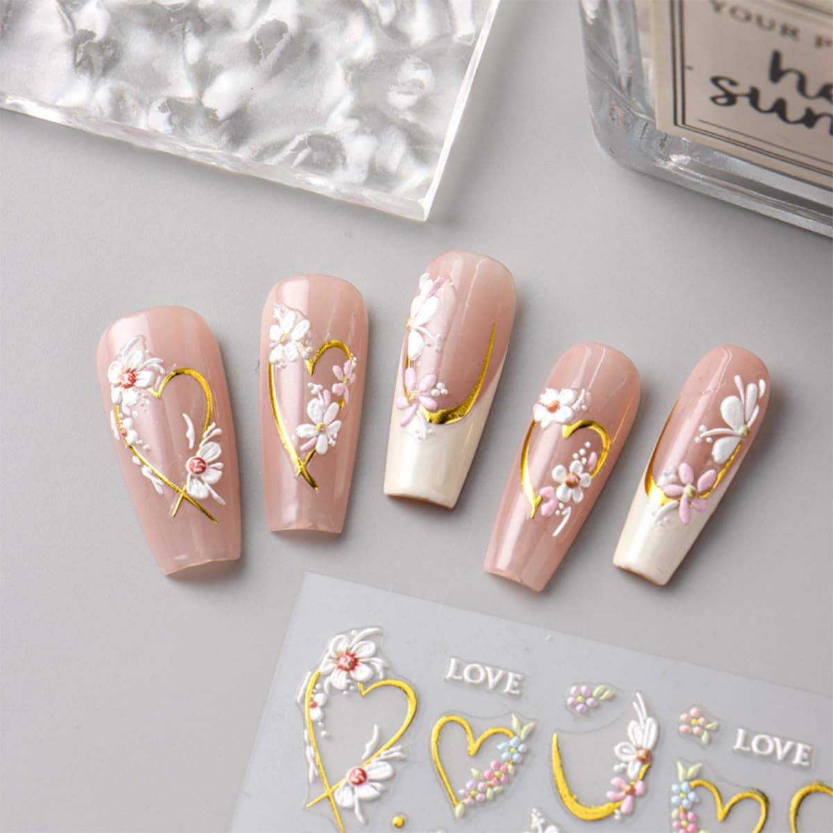 JMEOWIO 3D Embossed Flower Nail Art Stickers Decals Self-Adhesive 5D Colorful