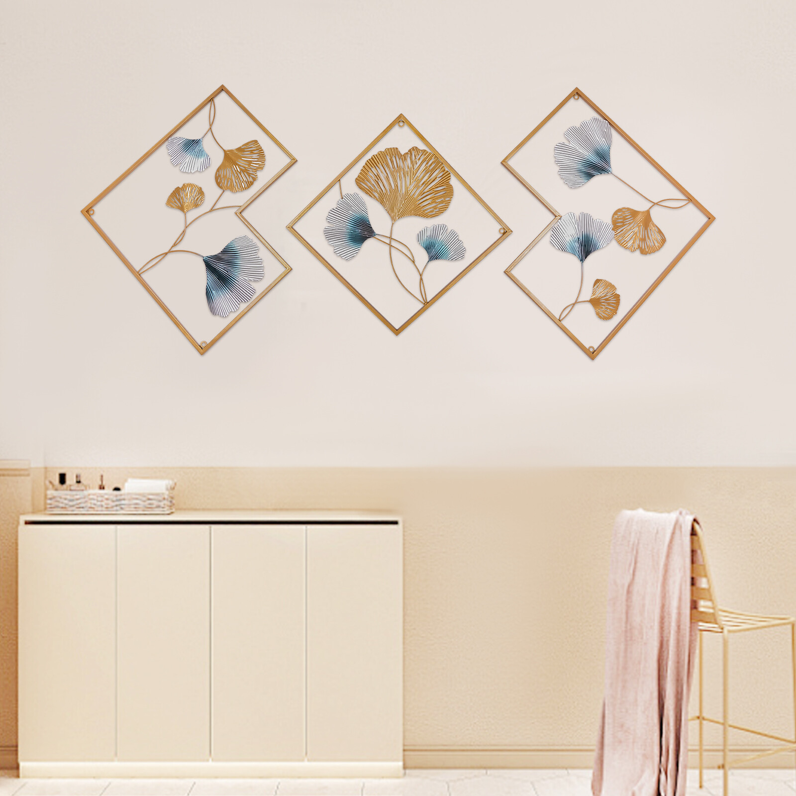 3Pcs 164 x 70.5cm Metal Wall Art Hanging Sculpture Decor 3D Ginkgo Gold & Blue