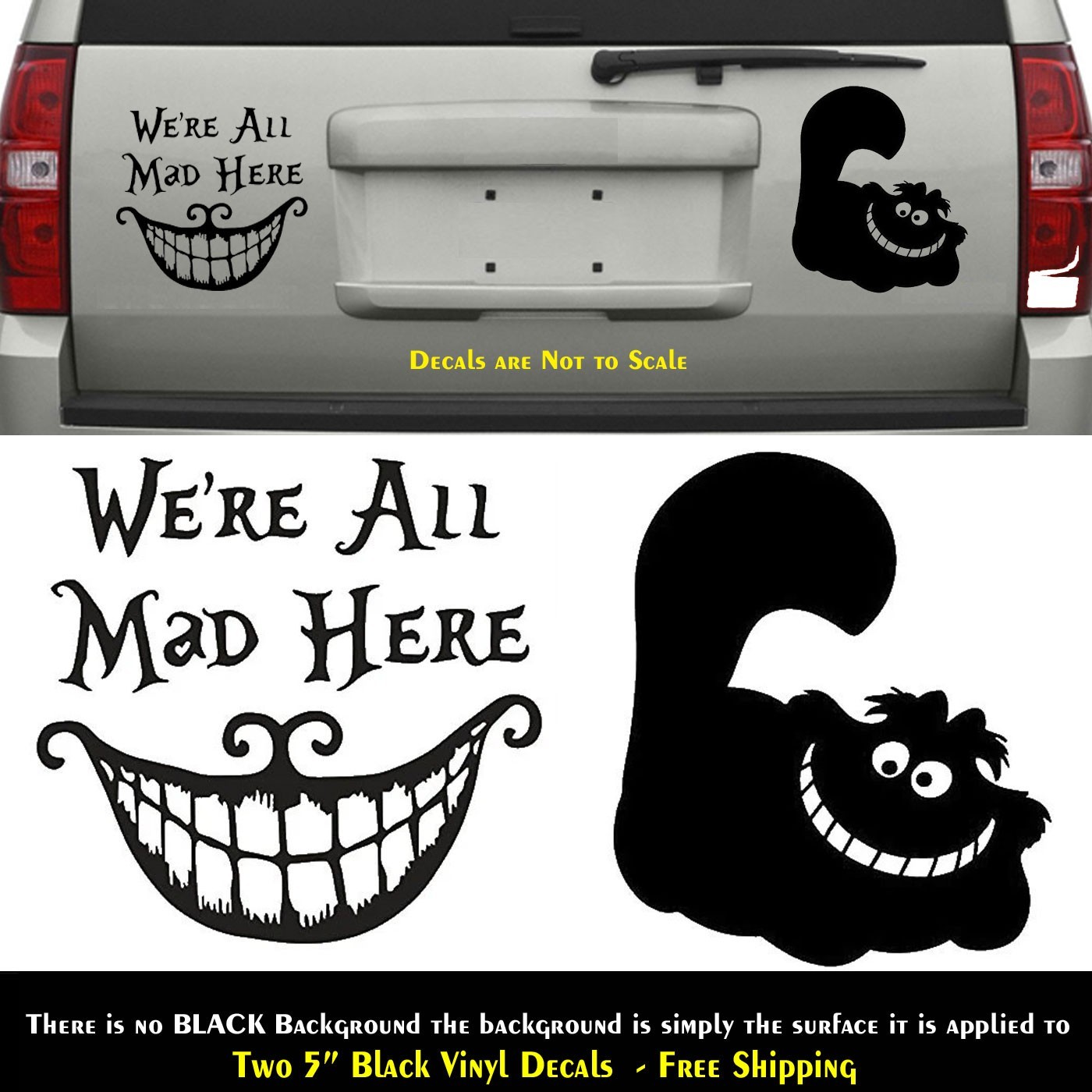 Alice in Wonderland We are all Mad Here & Cheshire Cat 5" Black Vinyl Decals