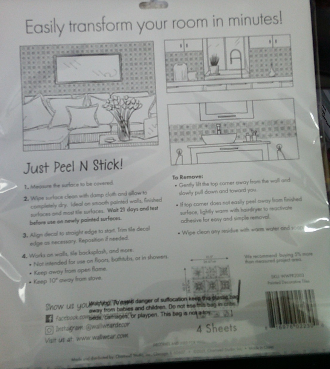 NEW splash wear Decorative wall decals PEEL N STICK REMOVALBE water resistant
