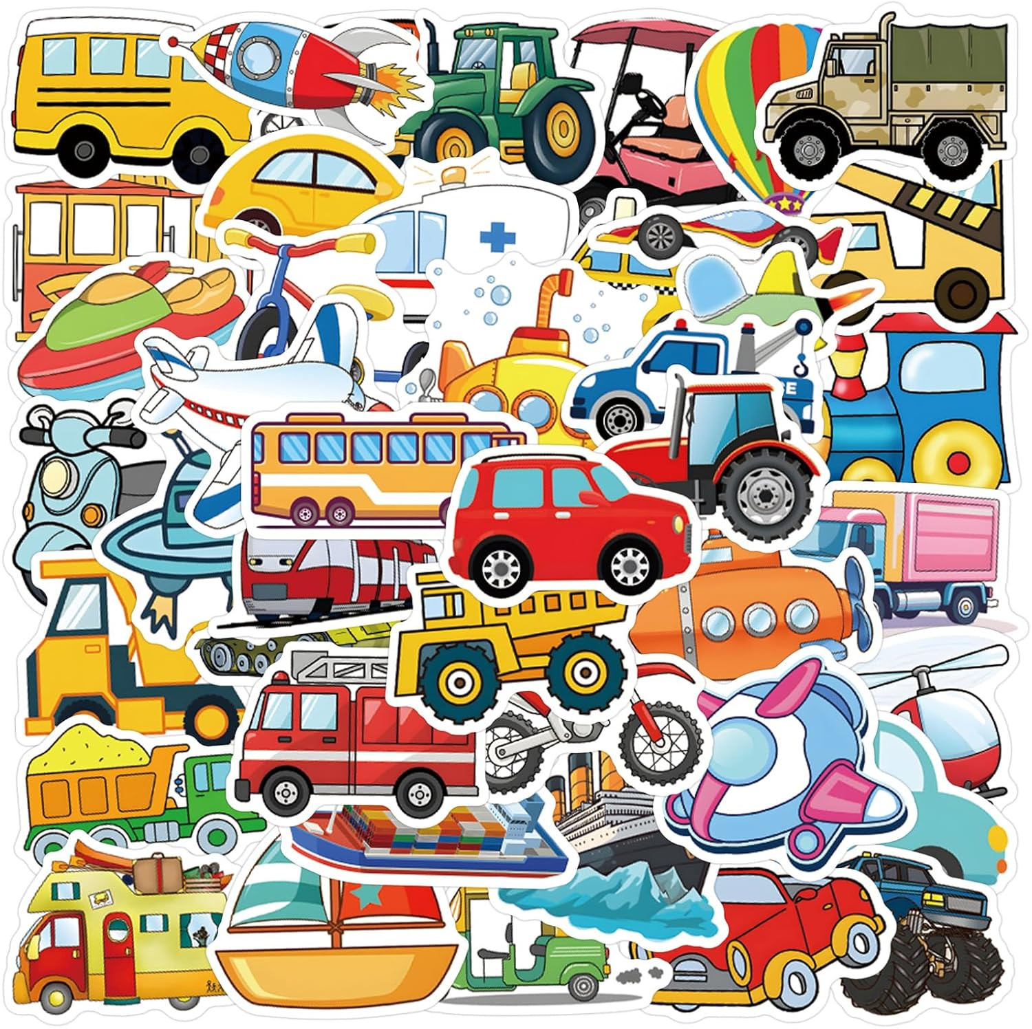 55PCS Cartoon Vehicle Stickers – Cars, Buses, Planes, Ships for Kids & Teens
