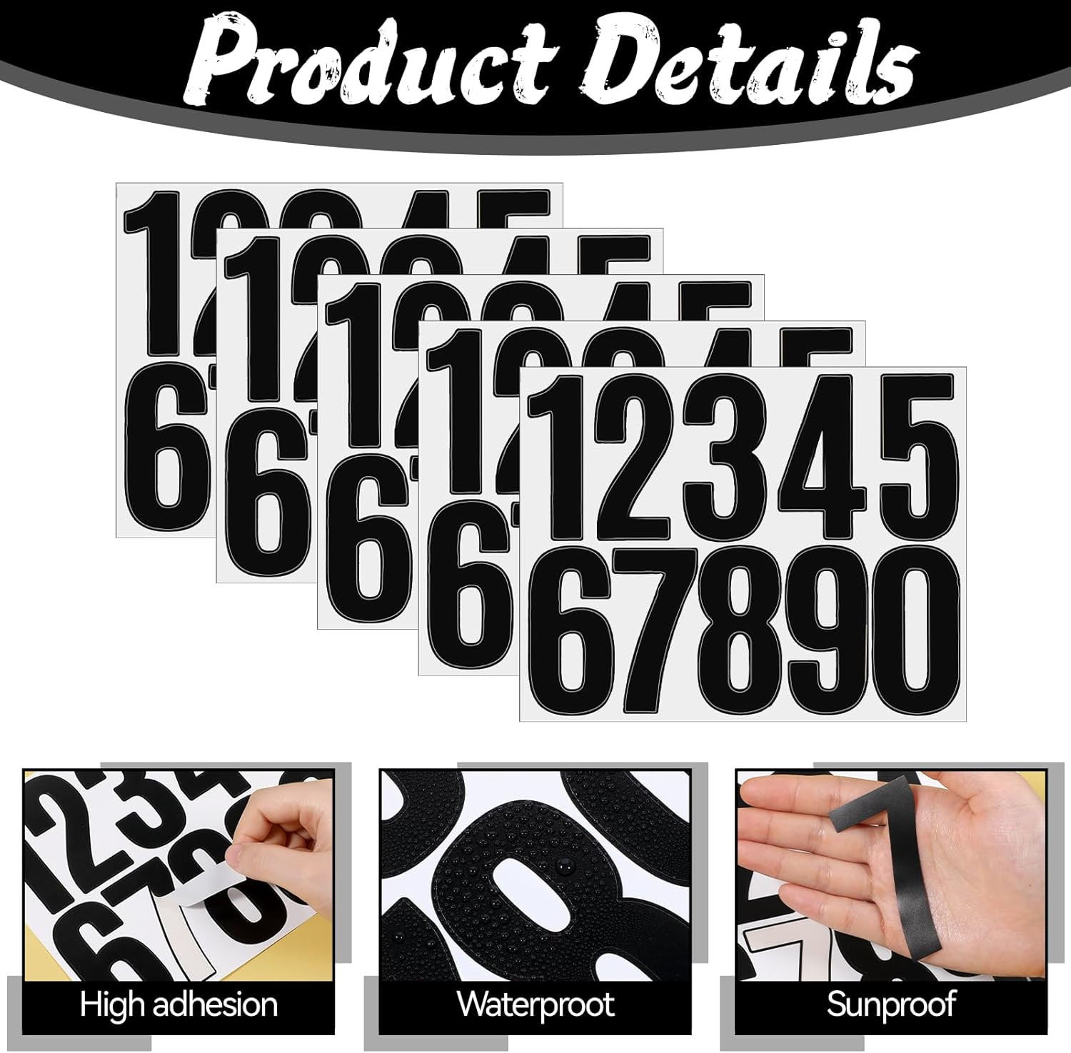 5 Sheets Black Number Stickers, 3 in Vinyl Stick on Numbers, 0-9 Waterproof Adhe