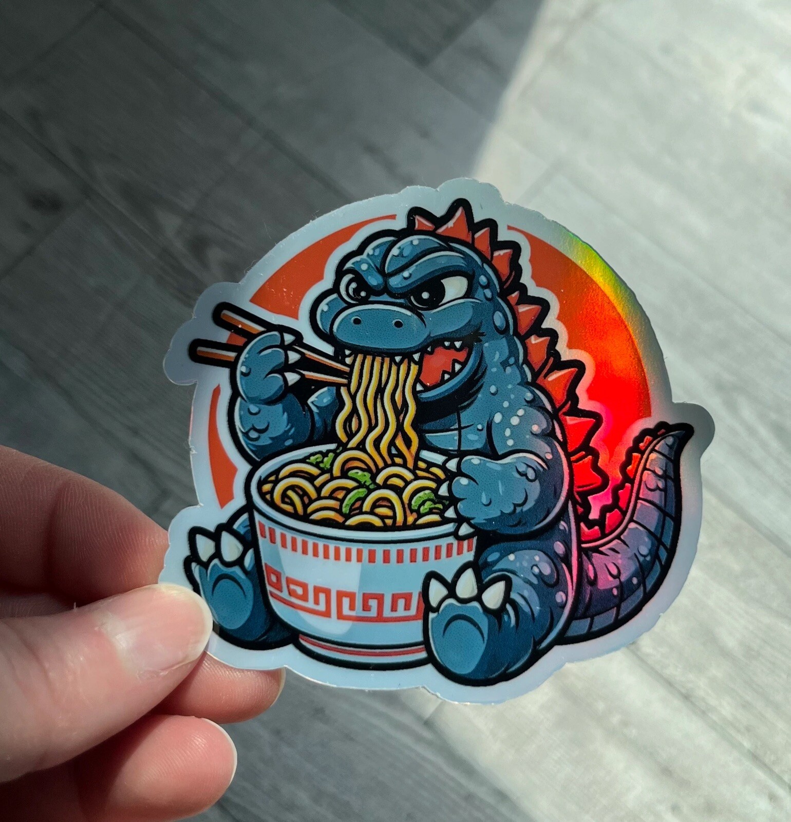 3Inch Godzilla eating ramen Holographic 3 Inch Waterproof Sticker